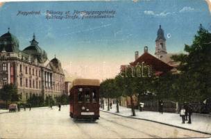 Nagyvárad, Oradea; Rákóczi út, Pénzügyigazgatóság, villamos / street, Financial Directorate, tram (EM)