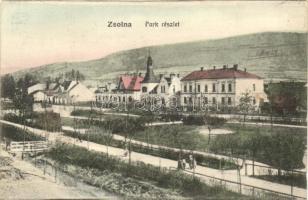 Zsolna, Zilina; park, villasor; Schwarcz Vilmos kiadása 321 / park (probably from a postcard leporello)