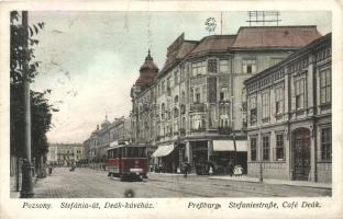 Pozsony, Pressburg; Stefánia út, Deák szálloda, villamos / street with hotel and tram (ázott / wet damage)