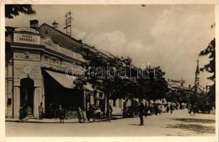 Losonc, Lucenec; Fő utca, Szüsz kávéház / main street, cafe, automobiles, 1939 Nemezeti KIE Konferencia Losonc So. Stpl (b)