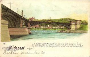 Budapest XIII. Margitszigetre vezető új híd, Szent Lukács fürdő, litho (EK)