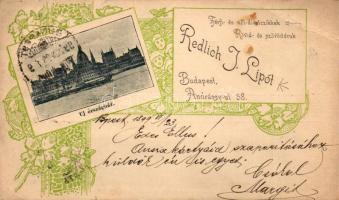1899 Budapest V. Új országház; Redlich J. Lipót reklámlapja, floral  (vágott / cut)