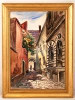 Élesdy István (1912-1987): Budavári utca. Akvarell, papír, jelzett, üvegezett keretben, 62×44 cm