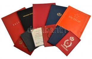 Vegyes 11db-os oklevél, igazolvány, kitüntetés viselésére jogosító igazolvány tétel, borító, közte &...