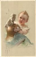 Child with Kingdom of Saxony Royal Cavalry Guards Helmet, M. Munk Wien No. 1065, artist signed (EK)