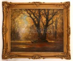 Kézdi Kovács László (1864-1942): Kutyus és gazdája az őszi erdőben. Olaj, vászon, jelzett, keretben,...