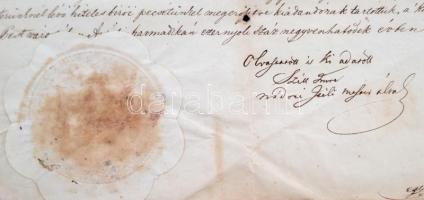 1846 Ügyvédi meghatalmazás, Széll Imre nádori ítélőmester jegyzésével, kissé sérült szárazpecséttel....