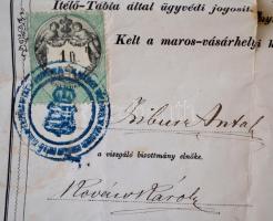 1874 Ügyvédi oklevél, tanúsítvány az ügyvédi eskü letételéről. Jó állapotú viaszpecséttel, okmánybél...