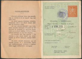 1931 Útlevél (fénykép nélkül) villamoskocsi-vezető részére kiállítva a  Magyar Királyság által,  pp....