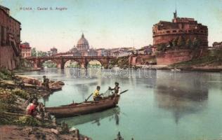 Rome, Roma; Castel S. Angelo / castle, bridge, fishermen in boat