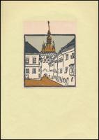 Kós Károly (1883-1977): Segesvár. Színes linómetszet, papír, jelzetlen, hátulján feliratozva, papírra ragasztva. 14×11 cm