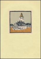Kós Károly (1883-1977): Brassó. Színes linómetszet, papír, jelzetlen, hátulján feliratozva, papírra ragasztva. 11×11 cm
