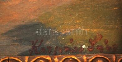 Korpács Lajos (?-?): Szomjas lovak. Olaj, falemez, jelzett, üvegezett keretben, 25×35 cm