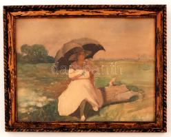 Olvashatatlan jelzéssel: Hölgy ernyővel. Akvarell, papír, üvegezett keretben, 25×32 cm