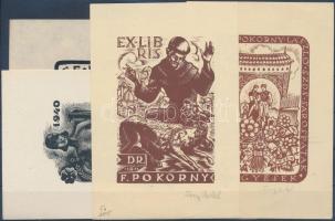 Fery Antal (1908-1944): 4 db ex libris, ebből 1db fametszet, 3db klisé+ 3db jelzett, különböző méretben cca 13x9cm és 15x12cm között