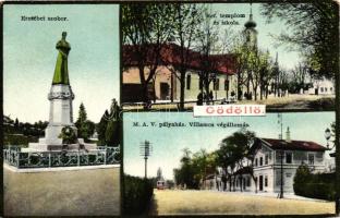 Gödöllő, MÁV pályaház villamos végállomás, Erzsébet szobor, Református templom és iskola