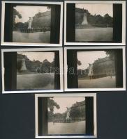 cca 1931 Győr, Pöltinger Gusztáv vintage fotósorozata ballagó diákokról, akik az ünnepség részeként körbejárták az 1848/1849-es turulmadaras emlékművet, 5 db fotó, 5,5x5,5 cm-es képek 6x9 cm-es fotópapírokon