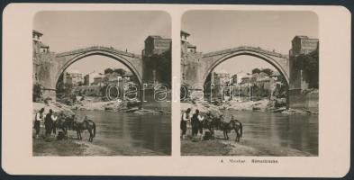 1908 Mostar, Öreg híd, sztereo fényképpár feliratozva, 9x18 cm / Mostar, Bosnia and Herzegovina, stereophoto, 9x18 cm