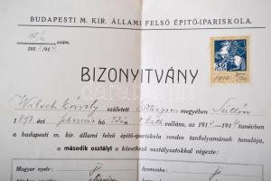 1914-20 Végbizonyítványok a budapesti m. kir. áll. felső építő-ipariskola elvégzett osztályairól, il...