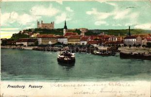 Pozsony, Pressburg, Bratislava; vár, gőzhajó / castle, steamship (kis szakadás / small tear)