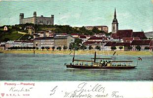Pozsony, Pressburg, Bratislava; vár, Frigyes gőzhajó / castle, steamship Frigyes