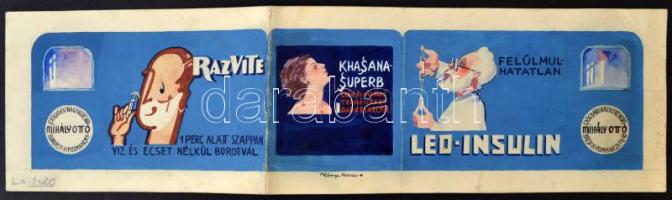 Kónya Zoltán (1891-?): Leo-insulin, Mihály Ottó Gyógyáru Nagykereskedés, reklám terv, vegyes technika, papír, jelzett,  10x38cm