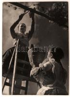 cca 1940 Gisser Gyula (1901-1986): Szüret a tornácon, jelzés nélküli vintage fotóművészeti alkotás a szerző hagyatékából, falemezre kasírozva, 37x27 cm