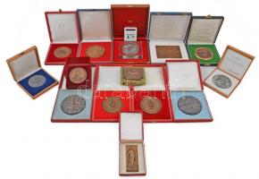 15db-os vegyes szocialista plakett tétel, főleg tokokkal, közte DN "Országos Diáknapok Sopron" Br plakett tokban. Szign.: RK (80mm), 1993. "Bizományi Kereskedőház és Záloghitel Rt. 1773-1993 / Emlékül" Br emlékérem (60mm) T:vegyes