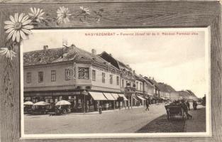 Nagyszombat, Trnava; Ferenc József tér, Orosz Zsigmond divatáru raktára / Franz Josef Square, shop; floral frame