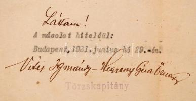 1921 A Vitézi rend törzskapitányának Igmándy Hegyessy Géza őrnagynak saját kézzel aláírt levele, mel...