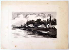 Puskás Ede: Folyó menti táj. Akvarell, papír, jelzett, 12x20 cm