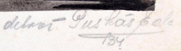 Puskás Ede: Folyó menti táj. Akvarell, papír, jelzett, 12x20 cm