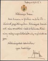 1924 József főherceg címerével ékesített, saját kézzel írt levele, melyben köszönetét fejezi ki dr. Tarányi Ferenc főrendi házi tagnak őt említő felszólalásáért