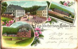 1899 Moldava, Moldau i. Böhmen; Gasthaus zum Fischerhaus, Zollamt, Bahnhof, Jagdschloss, Rehfeld / guest house, railway station, hunting castle, customs office, floral, litho (EK)