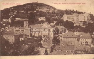 Selmecbánya, Banská Stiavnica; látkép a Bányás- és Erdészeti akadémiák épületeivel. Réthy-féle Pemetefű cukorka reklámmal / view with academic building (fa)