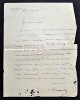 1928 gróf Apponyi Albert (1846-1933) saját kézzel írt és aláírt levele dr.Tarányi Ferenc vas megyei főispánnak, melyben a vas megyében szerveződő gazdasági kiallítás ügyében értekezik. Sérülésekkel.