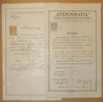1922-1926 2db Bizonyítvány, gyors és gépíróiskola és postai szakaltiszti szakvizsgáról