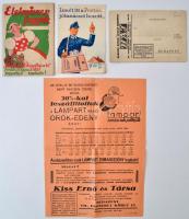 cca 1920-1950 Vegyes reklámnyomtatvány tétel(Lampart, HÁJ Vászon, Szignárovits Károly és Fia menyasszonyi kelengyék raktára, stb.)