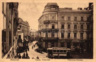 Bucharest, Bukarest; Calea Victoriei / street, tram, automobile, shops