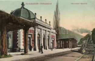Herkulesfürdő, Baile Herculane; vasútállomás, pályaudvar, mozdony / railway station, locomotive (EB)