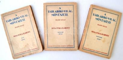 Lyka Károly: A táblabíró világ művészete I-III. Bp., 1922, Singer és Wolfner. Kiadói foltos, gerincén hiányos papírkötésben. A negyedik kötet hiányzik.