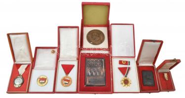 8db-os magyar szocialista kitüntetés és plakett tétel, közte 1955. "Felszabadulásunk Emlékére - Kiváló Sportmunkáért 1955. IV. 4." fém plakett dísztokban (39x54mm); ~1960. "Kiváló Ifjúsági Vezető" zománcozott kitüntetés mellszalagon dísztokban T:vegyes