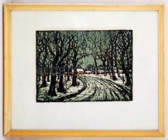 Réti Mátyás (1922-2002): Erdő. Színezett linó, papír, jelzett, üvegezett keretben, 23×32 cm