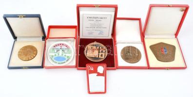 6db-os szocialista propaganda emlékérem tétel tokokban, közte 1977. "Eredményes Szakszervezeti Munkájáért" zománcozott Br plakett eredeti tokban (91x89mm) T:1-,2