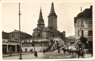 Zsolna, Zilina; Plébániatemplom, Rudolf Reiss és Jozef Grossmann üzlete, bank, Kék ház / parish church, shops, bank, Modky Dom