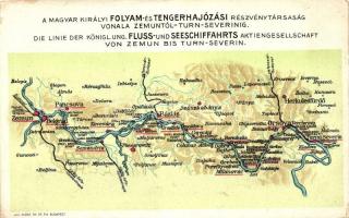 A Magyar Királyi Folyam- és Tengerhajózási Részvénytársaság vonala Zemuntól-Turn-Severinig; Klösz György és fia / Map of The Royal Hungarian River and Sea Shipping Lines Company, litho (EK)