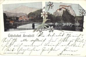 Alsókubin, Dolny Kubin; látkép híddal, Árva-váralja, kiadja Hirschfeld Adolf / general view with bridge, castle, floral (EB)
