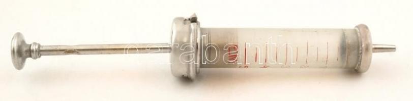 Antik orvosi fecskendő fém tokban, m:12,5cm