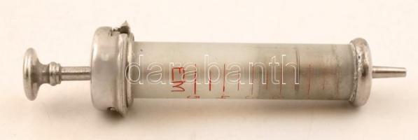 Antik orvosi fecskendő fém tokban, m:12,5cm