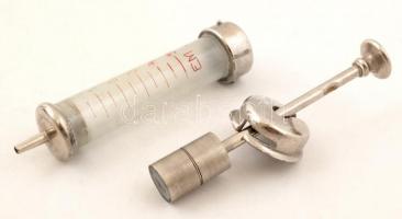 Antik orvosi fecskendő fém tokban, m:12,5cm